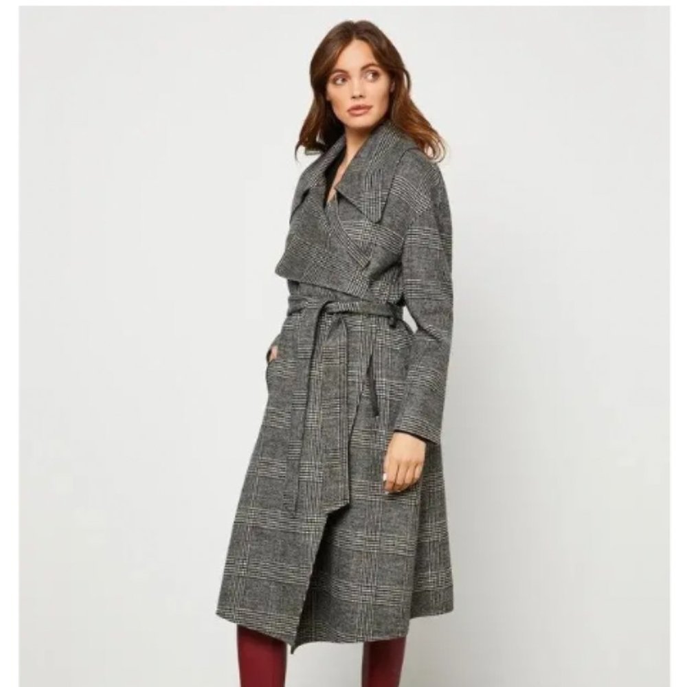 BCBG Grey Plaid Oversized Lapel Belted Wrap Coat
